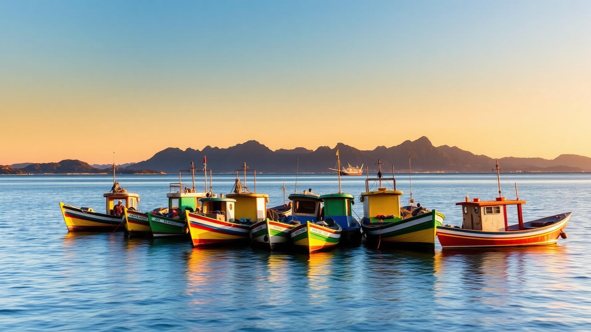 Baía de Sepetiba com barcos de pesca ao entardecer